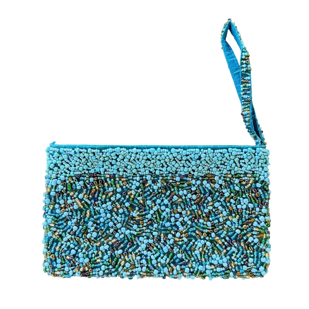Blue Turquoise Beaded Wristlet Clutch Bag Iridescent Evening Pouch Handbag